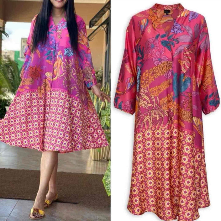 A-line midi dress with colorful floral geometric print, three-quarter sleeves