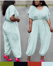 Casual Short-Sleeve Jumpsuit with Cinched Waist and Gathered Ankle Cuffs