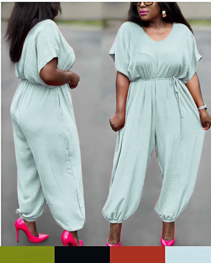 Pale turquoise cinched-waist jumpsuit with drawstring, short sleeves, elastic ankle cuffs