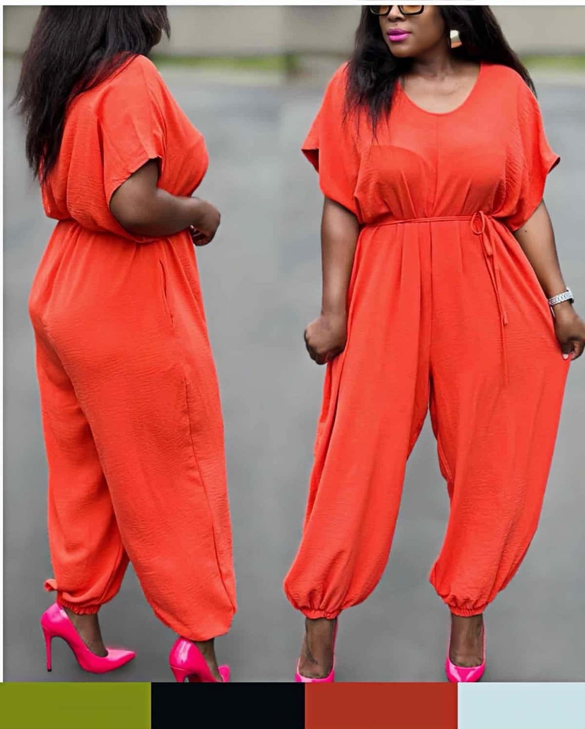 Orange-red cinched-waist jumpsuit with drawstring, loose wide legs, ankle cuffs