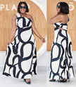 Abstract one-shoulder maxi dress, black and white bold circle pattern, sleeveless