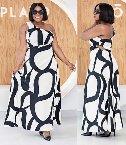 Abstract one-shoulder maxi dress, black and white bold circle pattern, sleeveless