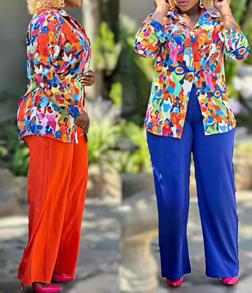 Multicolor floral blouse and wide-leg pants set, long sleeves, button front, orange pants