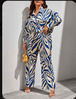 Zebra print twin set with long-sleeve button shirt and matching wide-leg pants