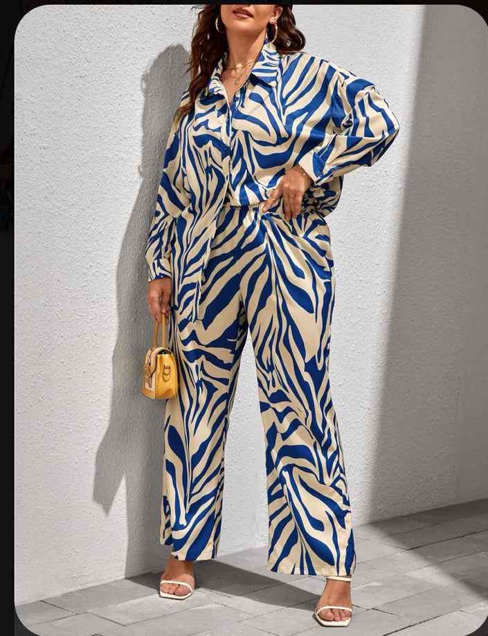 Zebra print twin set with long-sleeve button shirt and matching wide-leg pants