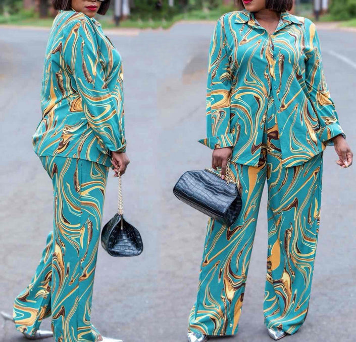 Printed wide-leg trouser set, teal with gold swirl pattern, long sleeves