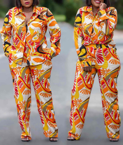 Tropical leaf print shirt and trouser set, long-sleeve button front and matching pants