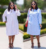 Long-Sleeve Collared Shirt Dress in Vertical Stripes