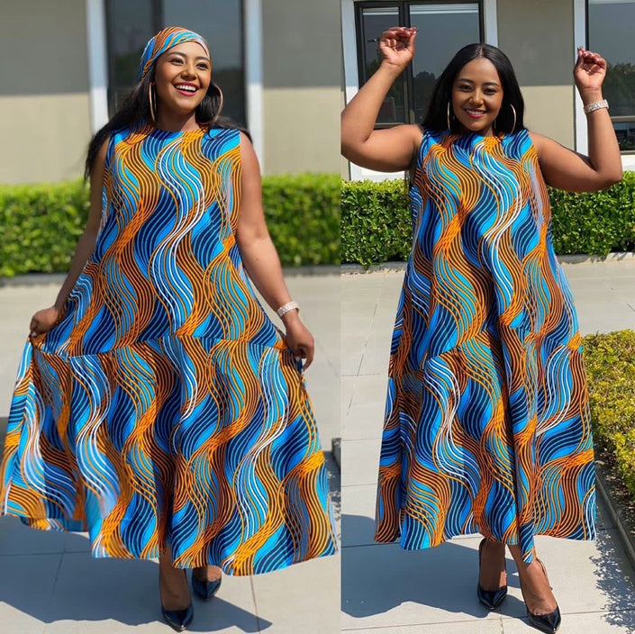 Sleeveless maxi dress with blue and orange wavy African print, flared skirt