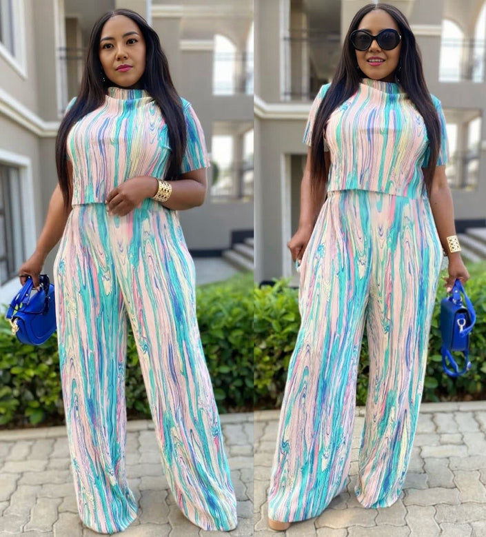 Abstract stripe wide-leg jumpsuit with sleeveless high neck, multicolor on light base