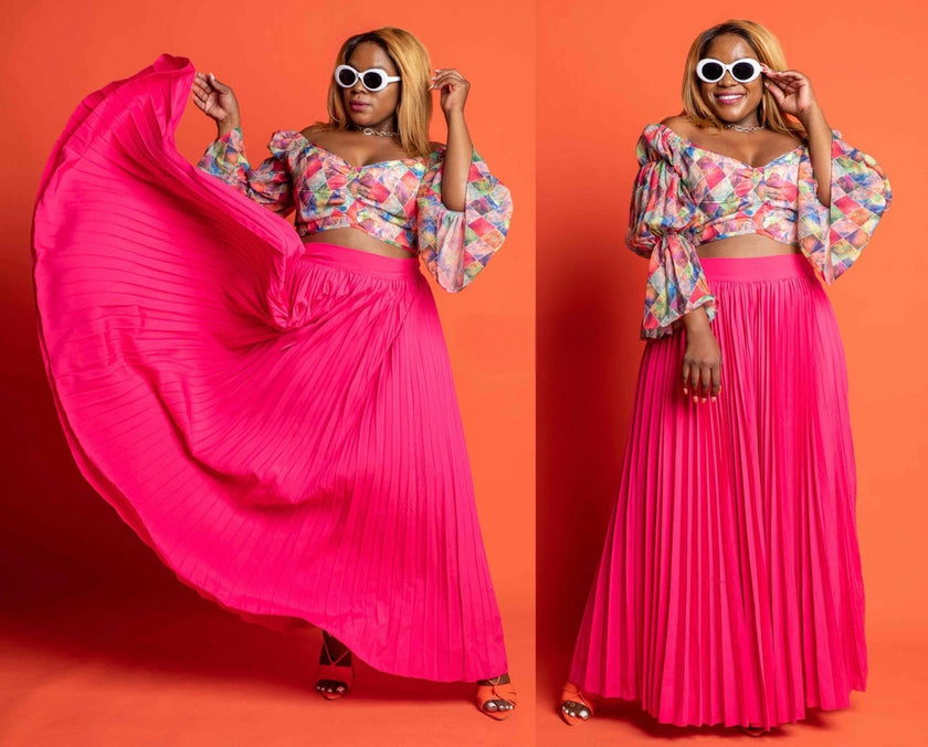Floral crop top and pleated maxi skirt set, bright pink, off-shoulder sleeves