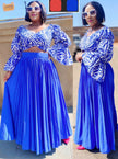 V-Neck Puff Sleeve Blouse & Pleated A-Line Maxi Skirt Set