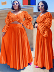 V-Neck Puff Sleeve Blouse & Pleated A-Line Maxi Skirt Set