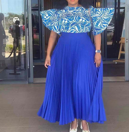 Pleated maxi skirt and puff-sleeve top set, blue with white patterned yoke
