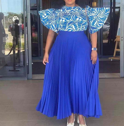 Elegant High Neck Blouse with Voluminous Sleeves & Full-Length Pleated Skirt Set