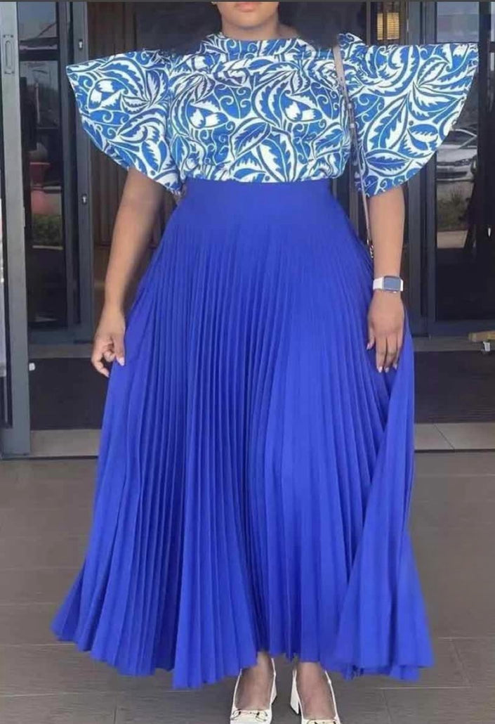 Patterned Short-Sleeve Top & Pleated Maxi Skirt Set