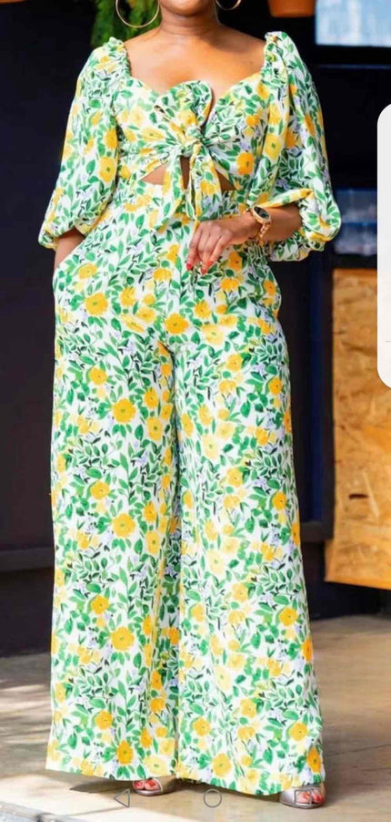 Floral jumpsuit with puff sleeves and tie-front neckline, long wide-leg design