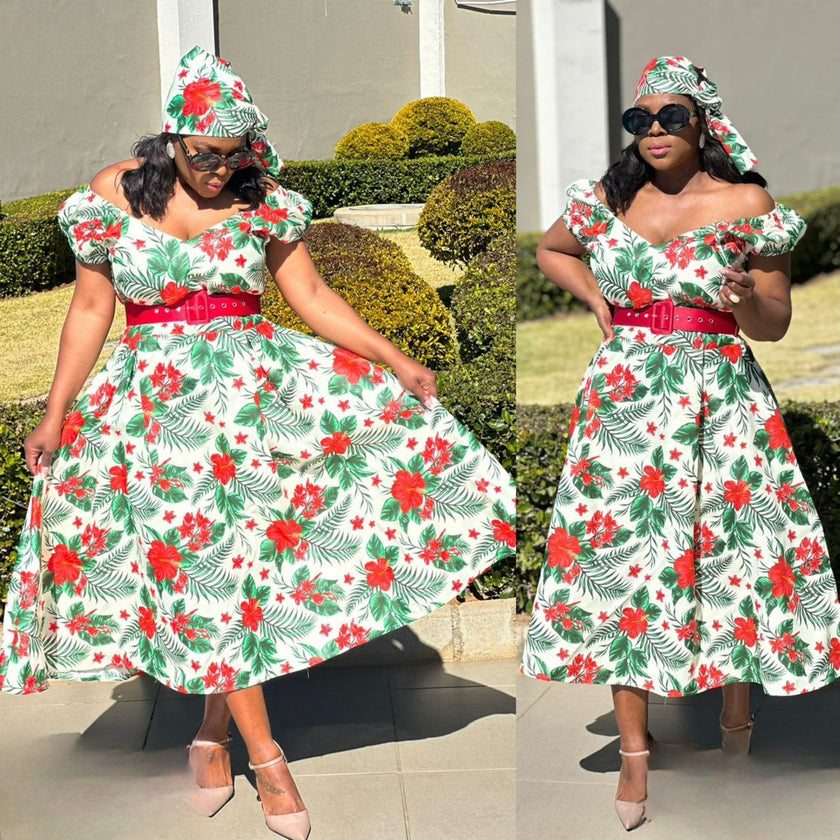 Floral Pattern Traditional Dress with Matching Headscarf Set