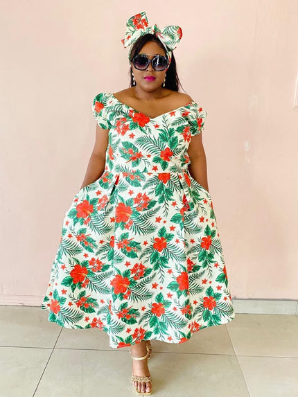 Floral midi dress set with puff sleeves, square neckline, red flower print, bow headscarf