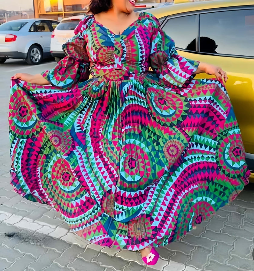 Multicolor patterned maxi dress with puff sleeves and ruffled V-neck