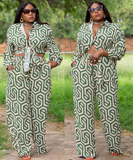 Geometric twin set printed shirt and wide-leg trousers in green and white