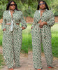 Geometric twin set printed shirt and wide-leg trousers in green and white