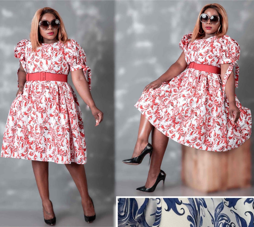 Red floral puff sleeve dress with stretch waist and flared skirt