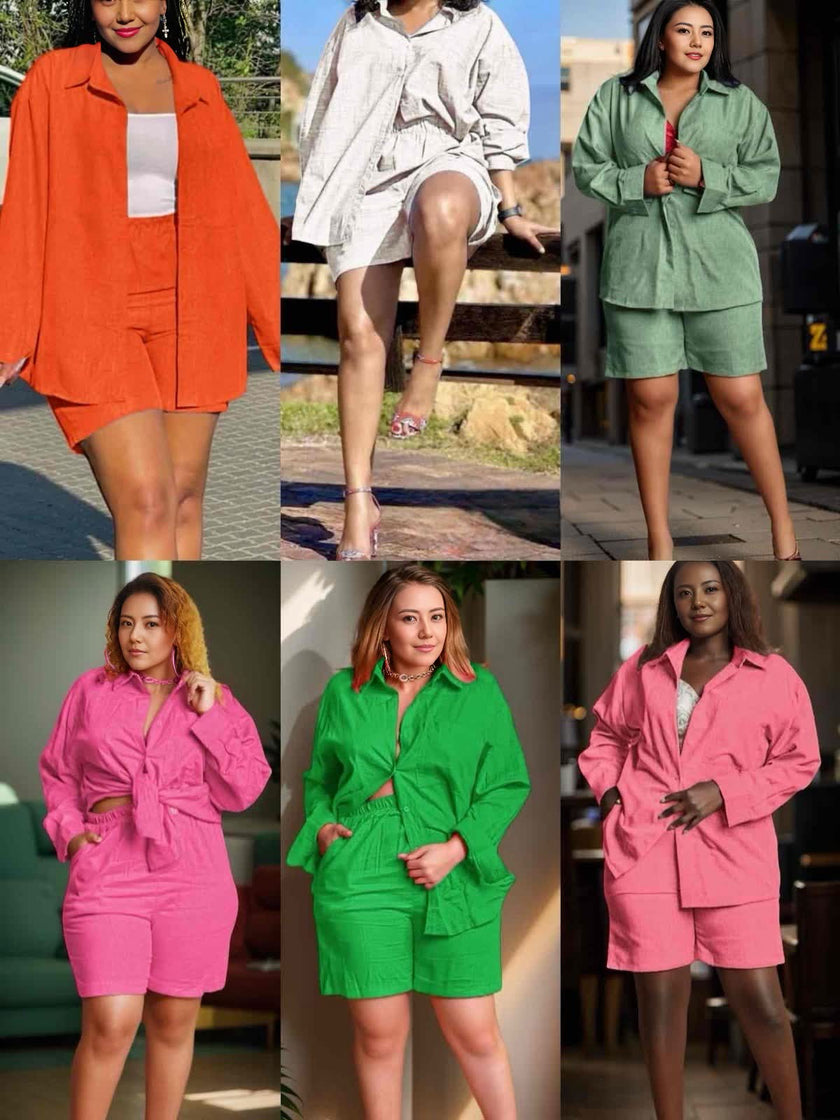 Casual shirt and shorts set with button-front jacket and matching shorts