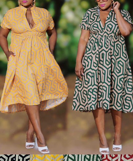V-Neck Knot Waist Flared Dress & Notched Collar Button-Up A-Line Dress