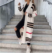 Long knit cardigan, cream with black and red stripe bands, open front, long sleeves