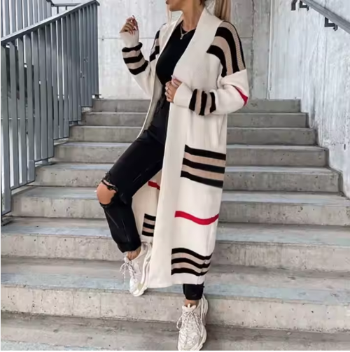 Long knit cardigan, cream with black and red stripe bands, open front, long sleeves