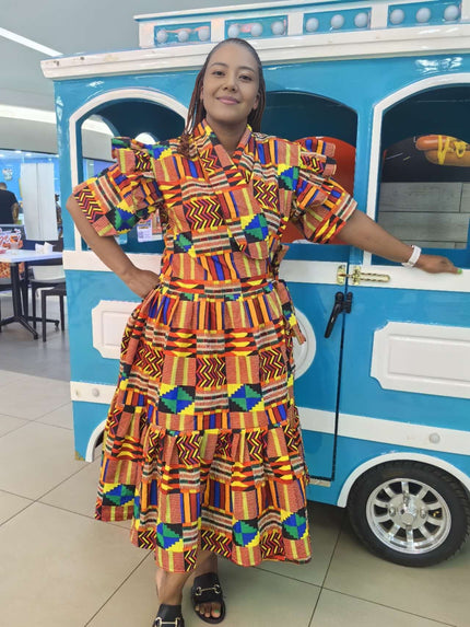 Multicolor wrap dress with puff sleeves and tiered ruffle hem