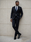 Black slim-fit suit with notched lapel, two-piece jacket and trousers