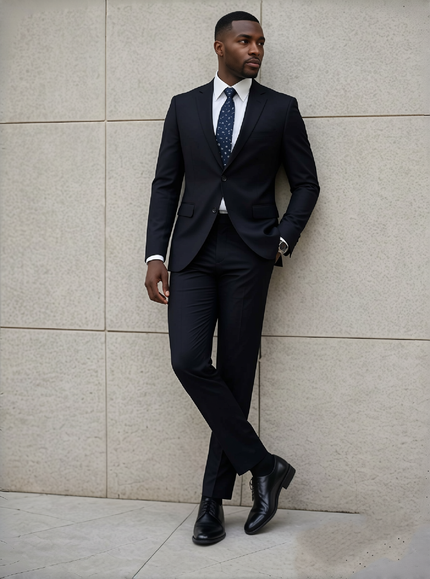 Black slim-fit suit with notched lapel, two-piece jacket and trousers