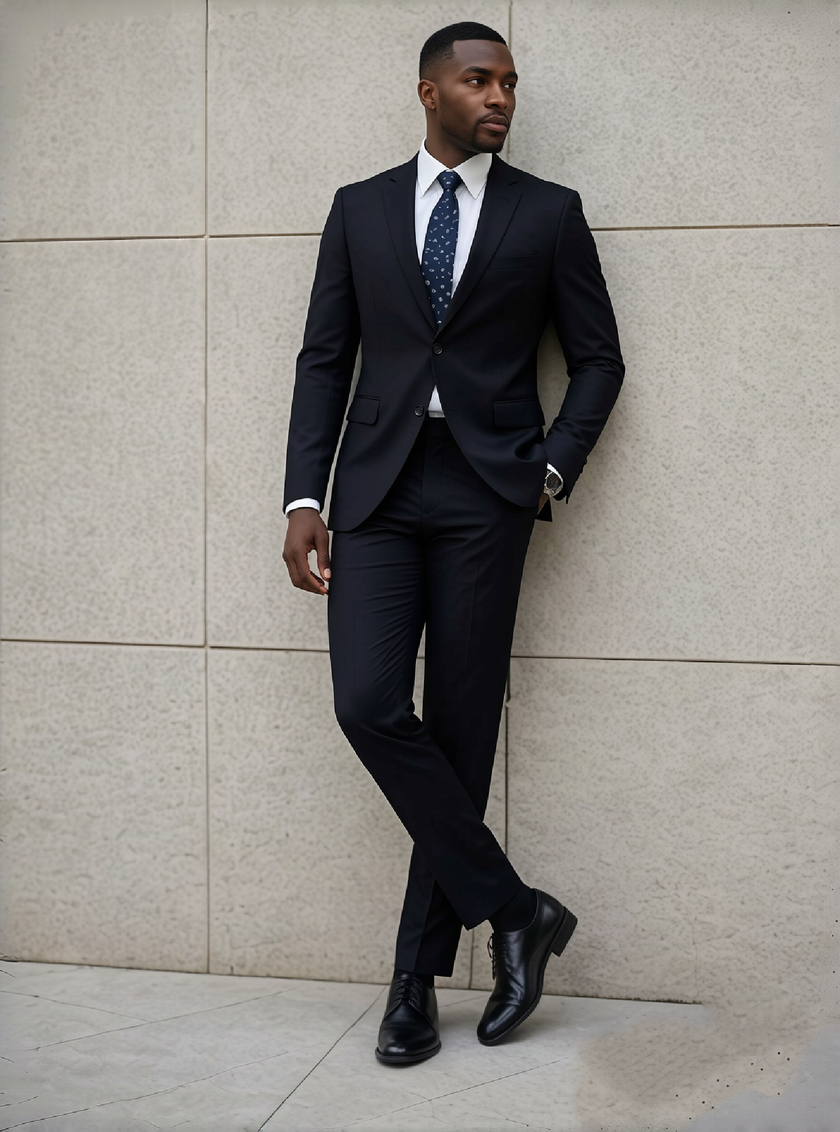 Black slim-fit suit with notched lapel, two-piece jacket and trousers