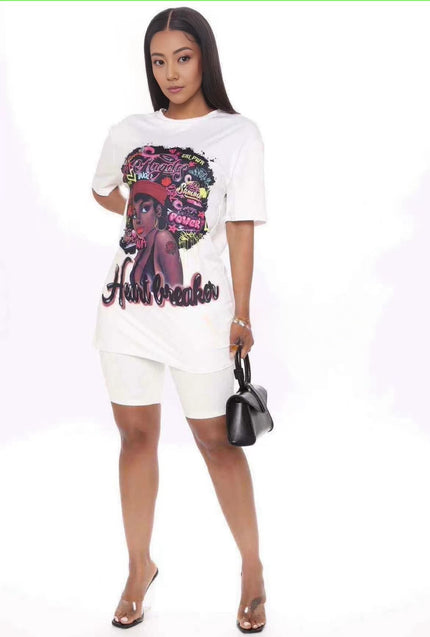 White graphic tee and tailored shorts set with colorful front print