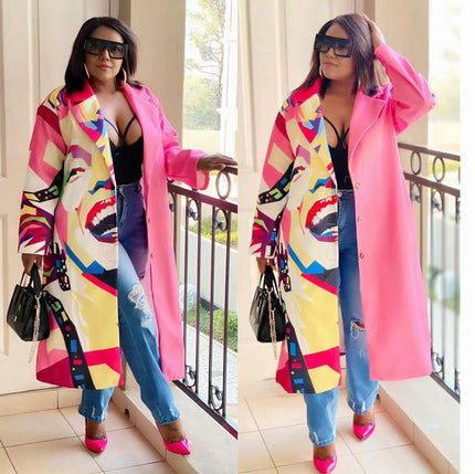 Abstract Print Notched Lapel Buttoned Coat