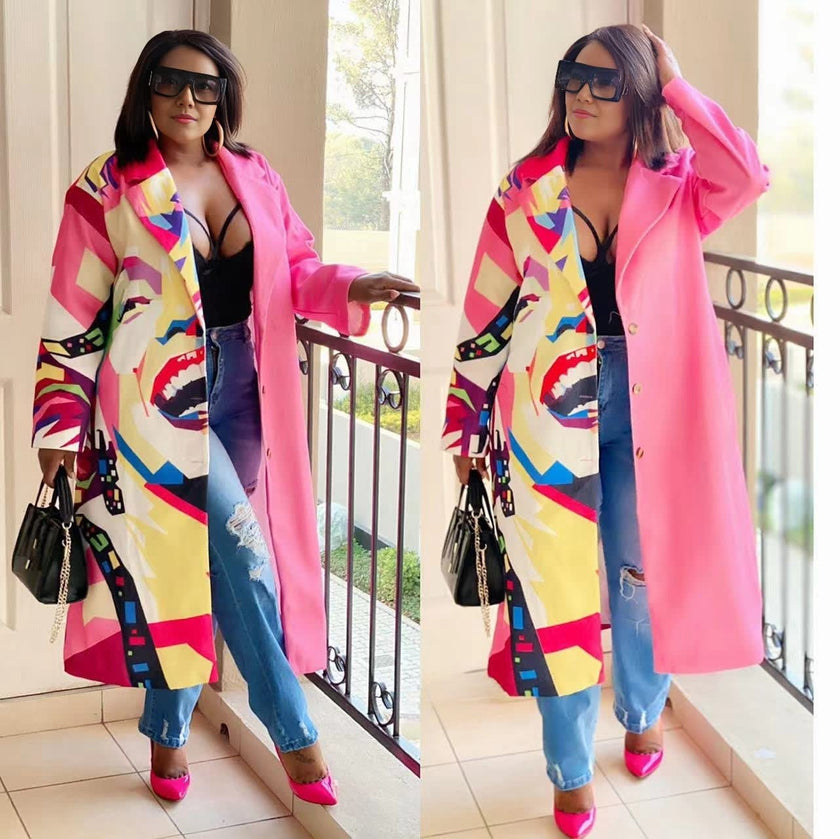 Long coat with abstract geometric print and bright pink solid front panels