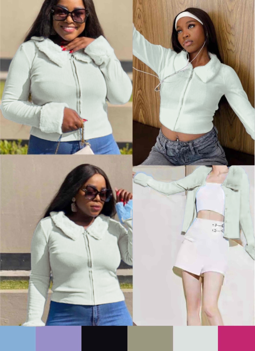 Light hooded ruffle faux-fur trim jacket, zip-front, stand collar.
