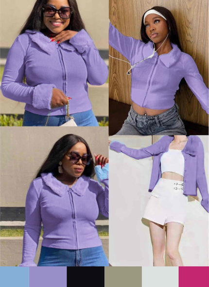 Purple hooded ruffle faux-fur trim jacket, zip-front, stand collar.