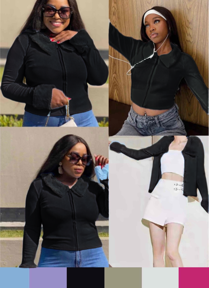 Black hooded ruffle faux-fur trim jacket, zip-front, stand collar.