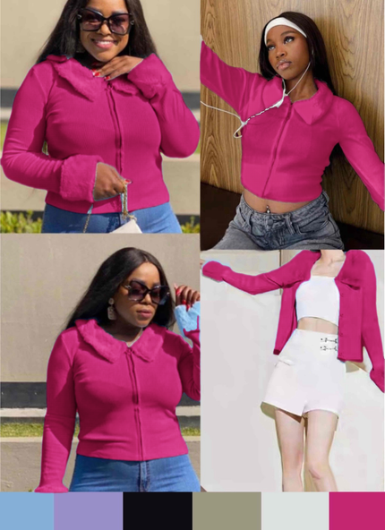 Deep-pink hooded ruffle faux-fur trim jacket, zip-front, stand collar.