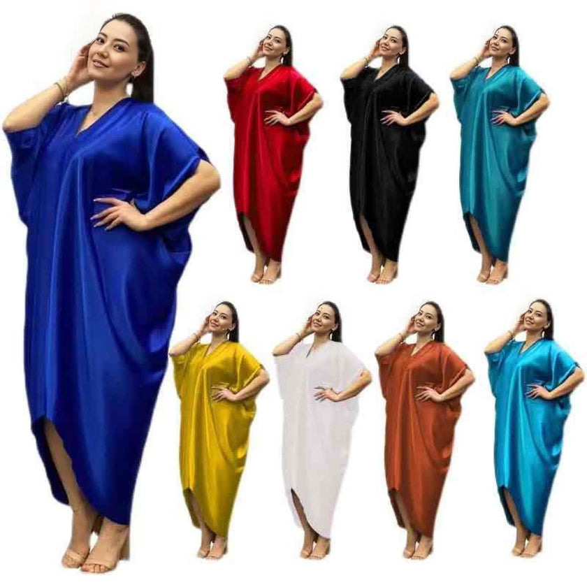 Blue one-sleeve V-neck kaftan dress with asymmetrical hem, loose fit