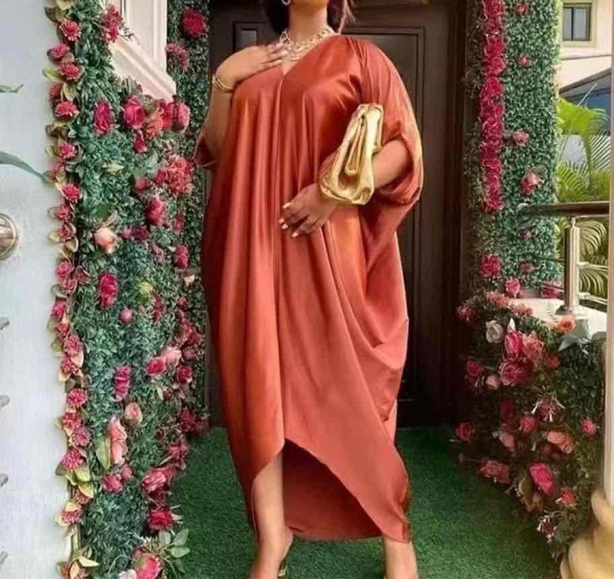 Rust-orange one-sleeve kaftan dress with V-neck and asymmetrical midi hem