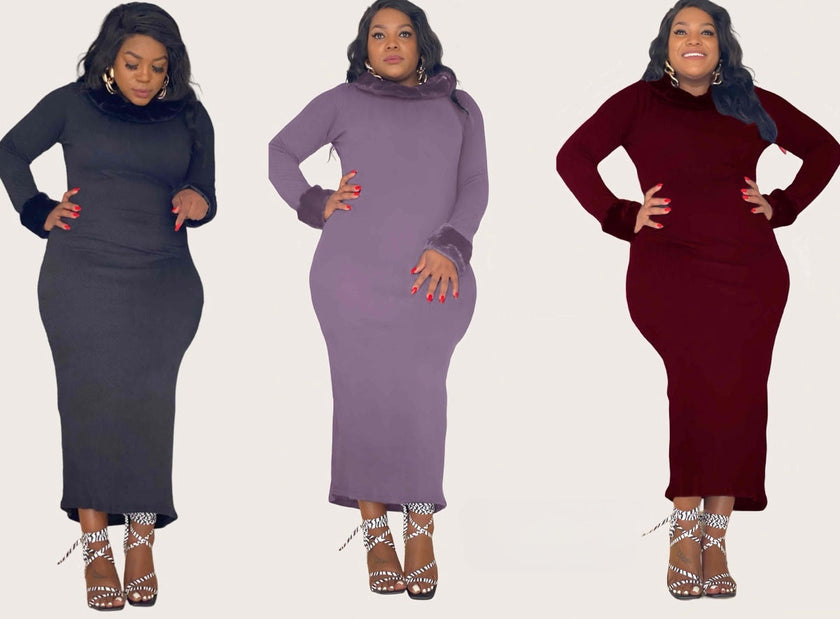 Turtleneck midi bodycon dress set: black, light purple, and maroon
