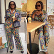 Printed twin set with flare sleeves and wide bell-leg trousers, multicolor pattern