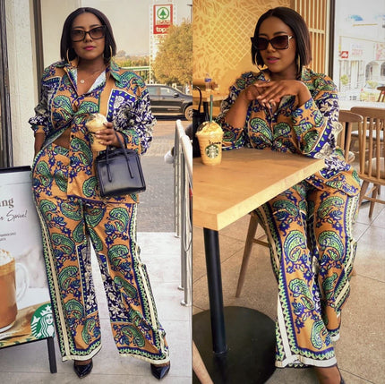 Printed twin set with flare sleeves and wide bell-leg trousers, multicolor pattern