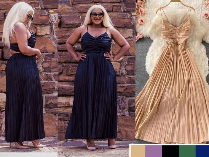 Pleated maxi dress shown in dark, blue, and light gold with ruched sweetheart bodice