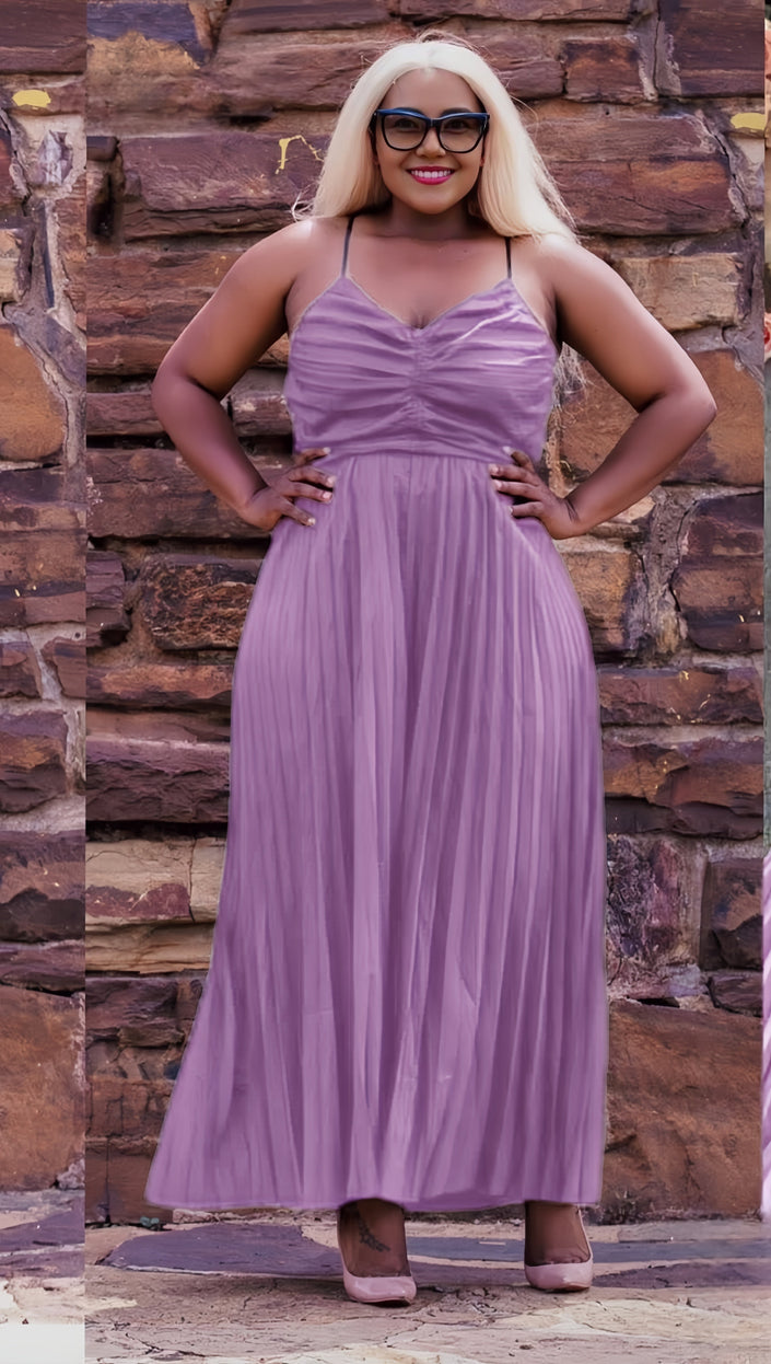 Lavender pleated maxi dress with sweetheart ruched bodice and thin spaghetti straps