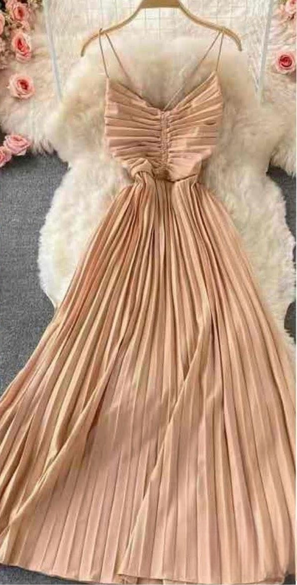Pleated maxi dress with ruched sweetheart bodice, thin straps, peach-gold